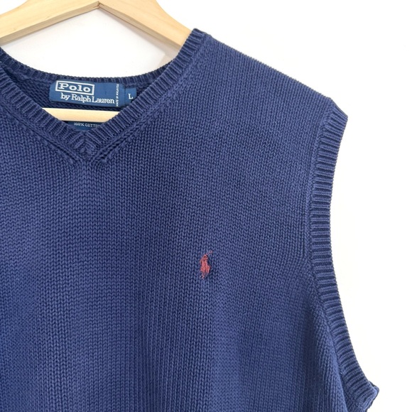 Ralph Lauren Vintage 90’s Navy Blue Cotton V-Neck Sweater Vest Men’s Size Large - Picture 2 of 6